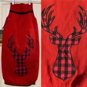 XL Dogs Red Christmas Sweater XL, Buffalo Plaid Reindeer Antlers, NWT